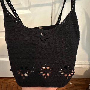 Free People - Cropped Black Knit Tank Top with design